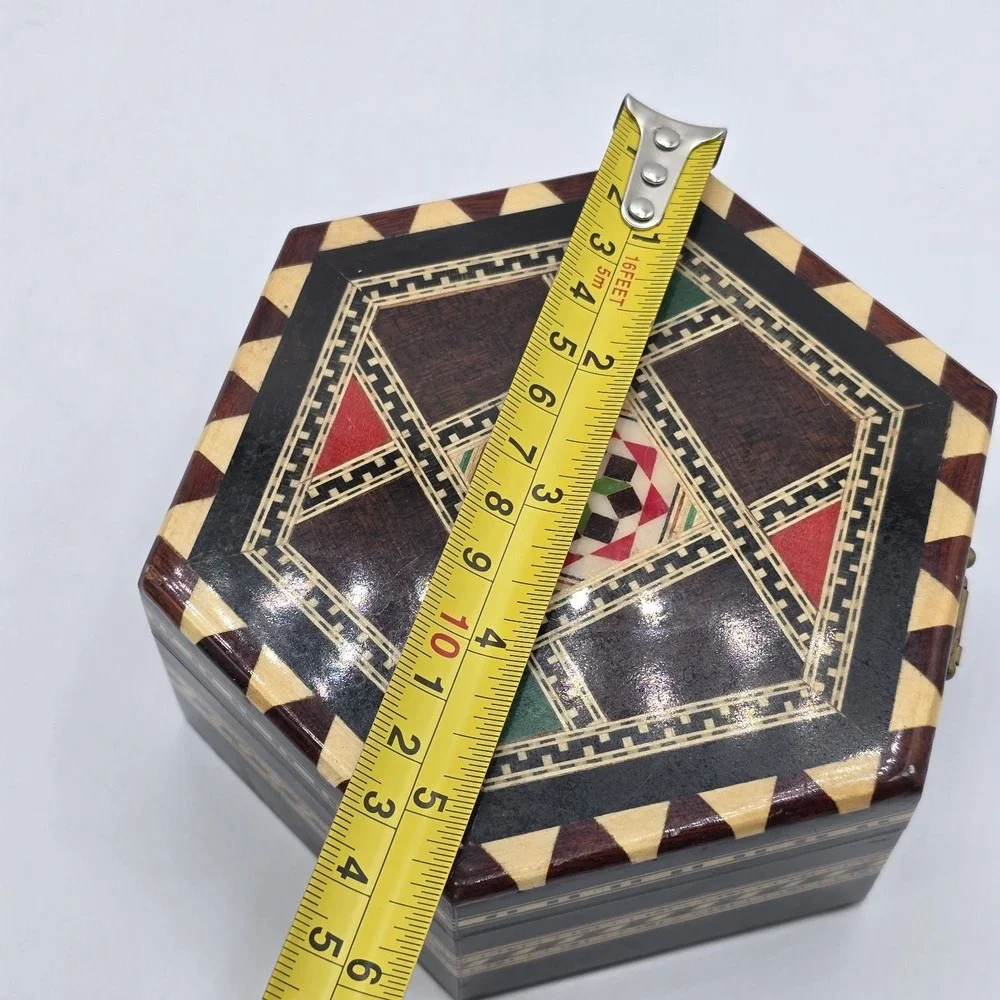 Vintage Moroccan Inlay Wood Jewelry‎ Box Geometric Marquetry Hexagon